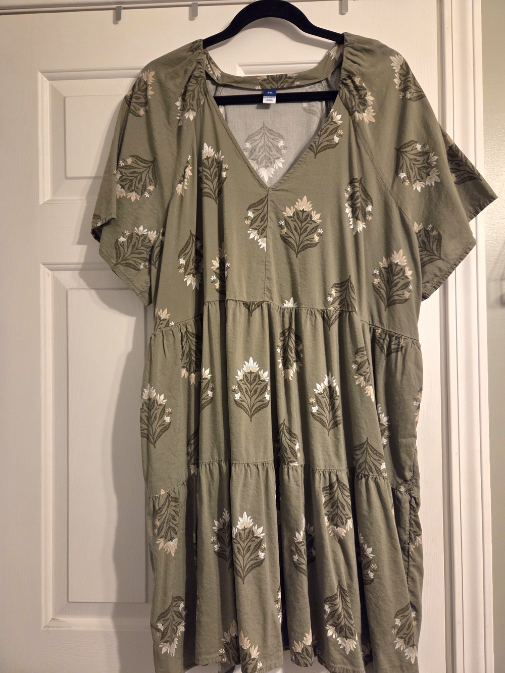 Old Navy Olive Green Floral Tiered V-Neck Midi Dress
